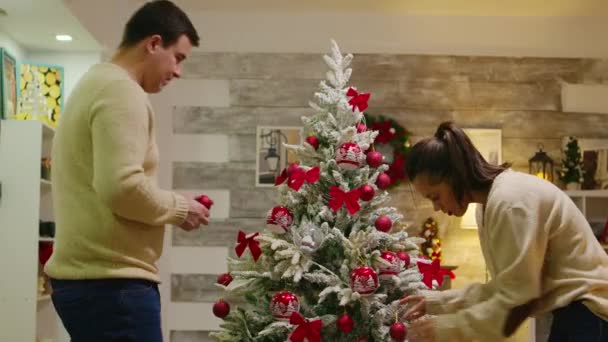 Coppia caucasica con abiti abbinati decorare albero di Natale — Video Stock