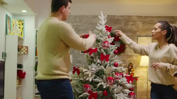 Junges verliebtes Paar stellte Weihnachtsbaum zusammen — Stockvideo
