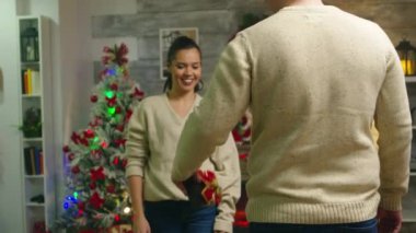 Genç erkek arkadaşı Noel hediyesini arkasında saklıyor.