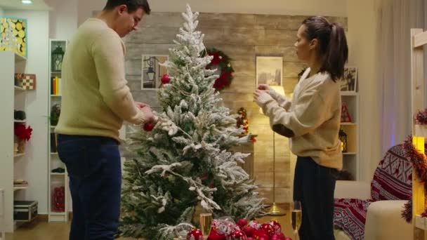 Kaukasische Männer und Frauen schmücken gerne ihren Weihnachtsbaum — Stockvideo