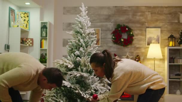 Χαρούμενο ζευγάρι στολίζει χριστουγεννιάτικο δέντρο — Αρχείο Βίντεο