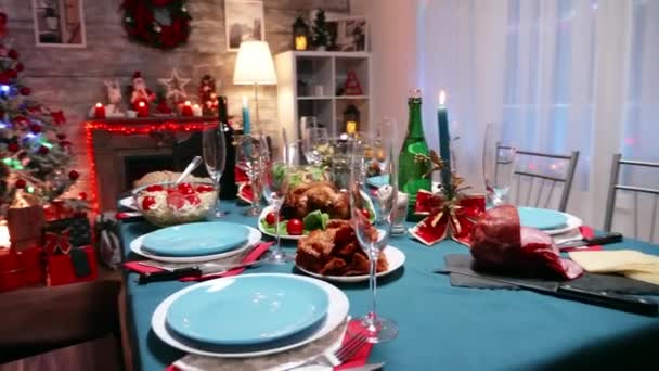 Table with traditional food for christmas celebration — Stock Video