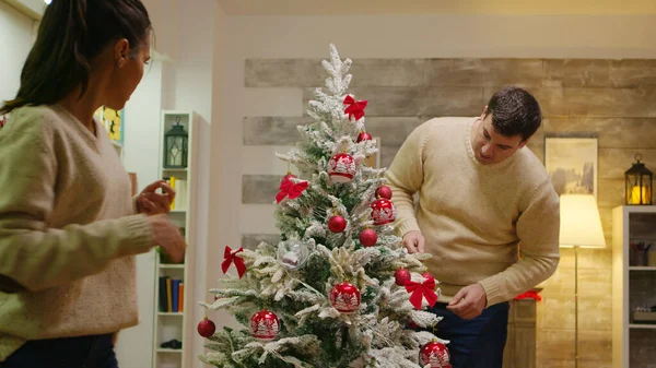 Caucasian man and woman happy to decorate their christmas tree