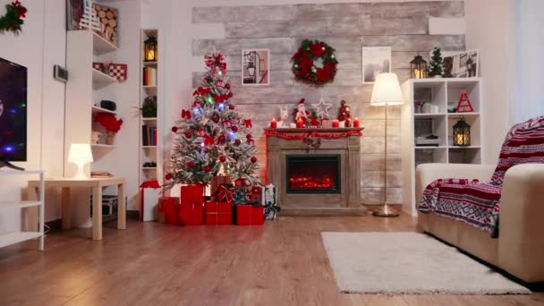 Zoom in shot of living room decorated for festive christmas celebration — Stock Video