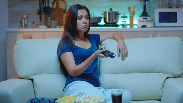 Bored woman resting watching tv — Stock Photo, Image