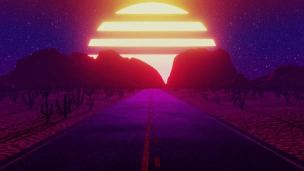 Nahtlose endlose Straße durch die Wüste mit futuristischem Himmel und Sonne im Retro-Look — Stockvideo