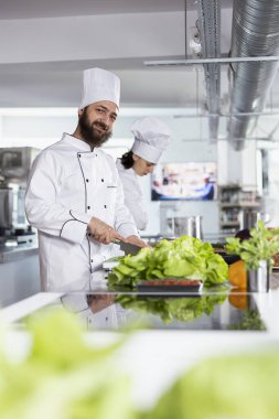 Şef, kesme tahtasında taze sebzeleri dilimliyor ve modern bir ticari mutfakta malzemeleri hazırlıyor. Gülümseyen adam lezzetli yemek tarifleri, güzel yemek yemekleri, şef hayatı..