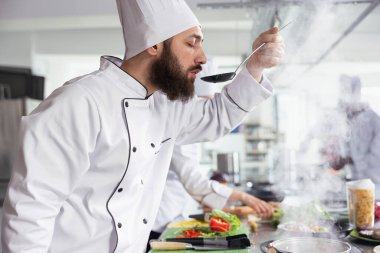 Erkek aşçı zengin bir aromatik sosun tadına bakar ve profesyonel bir mutfakta kaplamadan önce tadını test eder. Soba lezzetli malzemelerle kaynıyor, gurme aşçılık deneyimi yaratıyor..