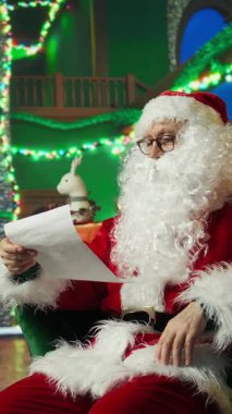 Dikey video, Noel Baba 'nın yaramaz ya da uslu çocukların listesini yaparken uyuya kalmasından yoruldu. Yorgun bir insan tüm dünyayı gezip çocukları ziyaret etmeye hazırlanırken uyukluyor.