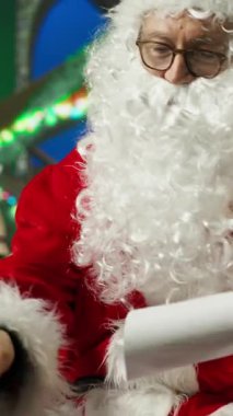 Dikey Noel Baba telefonlara cevap veriyor, hediye isteyen çocuklara cevap veriyor. Noel Baba 'yı taklit eden kişi çocuklarla Noel hediyeleri hakkında konuşuyor sabit telefon ve kamera A' yı kullanıyor.