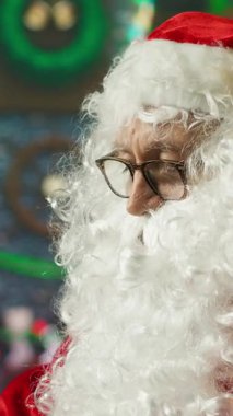 Dost canlısı Noel Baba 'nın dikey video portresi. Tatil sezonunda Noel neşesi yayma, ailelerle yakınlaşma tutkusu. Noel Baba gibi giyinmiş bir adam Neşeli yaratıyor