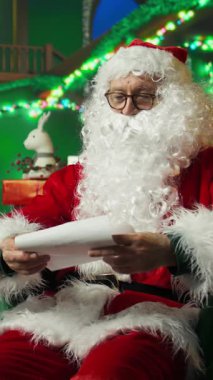 Dikey Noel Baba telefonlara cevap veriyor, hediye isteyen çocuklara cevap veriyor. Noel Baba 'yı taklit eden kişi çocuklarla Noel hediyeleri hakkında konuşuyor sabit telefon ve kamera A' yı kullanıyor.