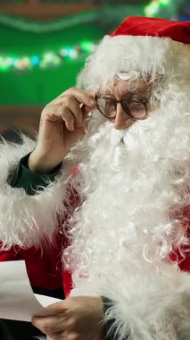 Noel Baba rolünü oynayan dikey videolu yaşlı adam çocuklardan gelen mektupları okumak için gözlük takıyor. Noel Baba kıyafeti giyen bir aktör süs odasında çocuklardan gelen mektupları okuyor.