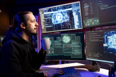 Hacker drinking coffee while doing ransomware attacks using AI to hold company systems hostage and demand money. Rogue technician holding beverage cup hacks enterprise networks, encrypting files