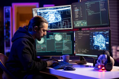 Hacker doing phishing attacks using artificial intelligence, tricking users into revealing credit card data. Man launching DDoS attacks using machine learning, flooding servers to crash websites