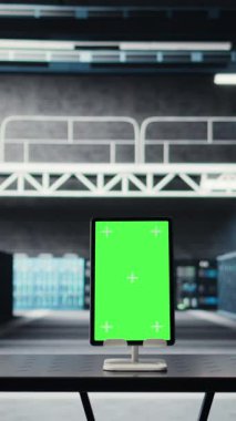 Yazılım güncellemeleri için mühendisler tarafından yönetilen veri merkezinde bulunan dikey video yeşil ekran tableti. Sunucu merkezindeki Mockup aygıtı yüksek altyapı süper bilgisayarların yapılandırmasını optimize ediyor
