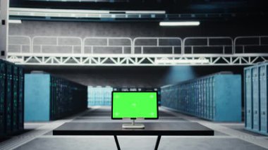 Green screen tablet in data center used for doing maintenance on infrastructure, improving workload. Mockup device in server farm used by high tech server clusters for parallel processing