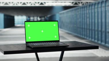 Green screen laptop used to do yearly checkup to prolong data center electronics life span and avoid downtime. Mockup notebook in server room monitoring infrastructure rigs, preventing crashes