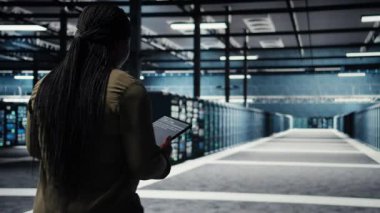 Veri merkezinde güvenli sunucu mimarisi için tablet kullanan bir mühendis. Sunucu merkezindeki Afrikalı Amerikalı kadın, siber güvenlik sistemi ve kamera A 'yı devre dışı bırakmak için aygıt kullanıyor.