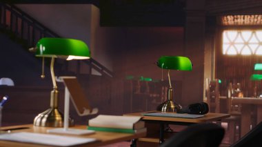 Klasik ve eski moda kütüphane alanı zarif ahşap iç dekorasyonlar, organize kitap rafları ve klasik yeşil lambalar. Sessiz öğrenim ve geleneksel akademik çalışma için boş sakin bir atmosfer.