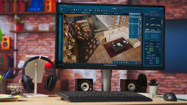 Varlıklar iç tasarım projesi için tasarlanmış dairede 3D modelleme programında taşınıyor, el kamerasıyla çekiliyor. Sanal mobilyaları modellemek için kullanılan CAD programını kapat