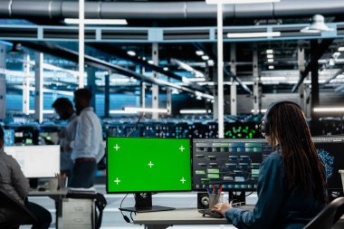 Veri depolama ekipmanlarını onarmak için yeşil ekran bilgisayar kullanan bir mühendis. Bilişim uzmanı, hesaplama işlemleri yapan platformlarda hata ayıklama yapmak için bilgisayar kullanıyor