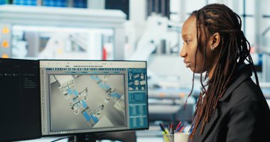 Photovoltaics fabrikası programcısı uygulama izleme sistemi performansı. Güneş panelleri imalat fabrika sistem yöneticisi kod yazma enerji üretimi ve verimliliği, kamera B