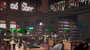 Boş kampüs kütüphanesi öğrencilerin okul ödevleri ya da sınav hazırlıkları, birincil kaynak materyalleri üzerinde çalışabilmeleri için belirlenmiş bir yer. Akademik kitap koleksiyonu. Kamera B.