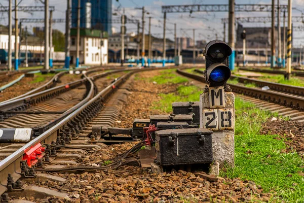 blue signal of the semaphore of the railway track