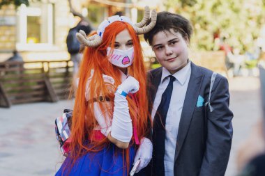 22 Eylül 2018 Kiev, Ukrayna, sanat bitki platformu. modern pop kültürünün çizgi mahkum kız çizgi film karakter kostüm Festivali