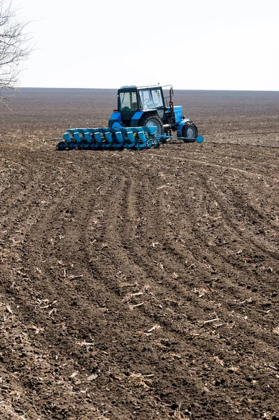 Tracteur Sur Terrain Sol Noir Moment Plantation — Photo