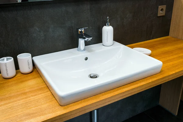 Washbasin Faucet Bathroom Wooden Surface Countertop — Fotografia de Stock