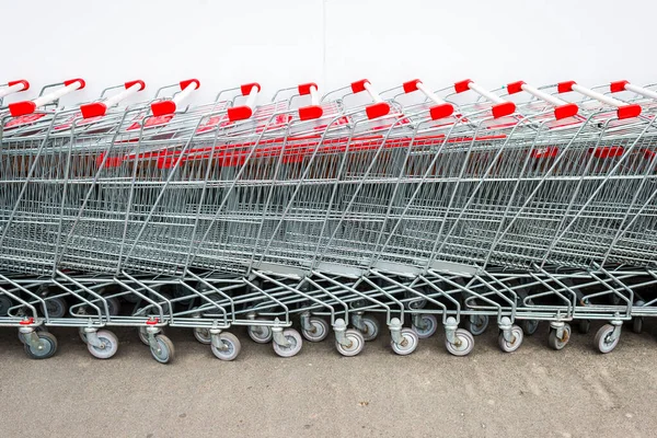 Shopping Cart Trolleys Stacked Row Supermarket — Stock Photo, Image