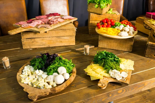 Cheese Meat Sliced Vegetables Wooden Buffet Table — Stock Photo, Image