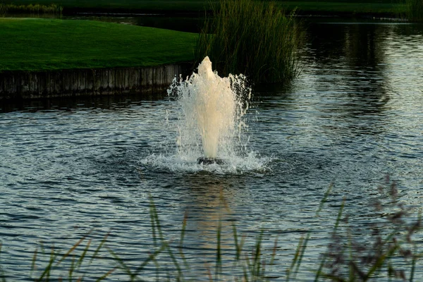 日落时带喷泉的人工池塘 — 图库照片