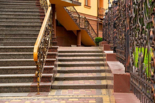 Stone Granite Steps Street Metal Fence — Stock Photo, Image