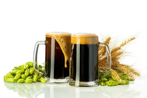 dark beer with foam in glasses and hops and wheat on a white background, free space for text