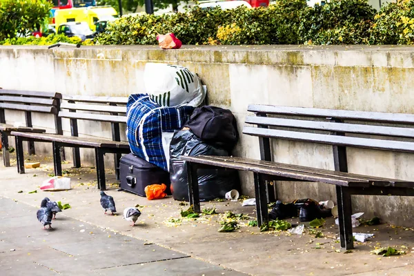 ハイドパーク ロンドンで彼の所有者を待っているホームレスの男性の事 — ストック写真