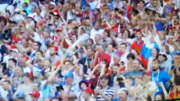 Football supporters at the stadium -Football fans having fun and looking at football match . Blurred view