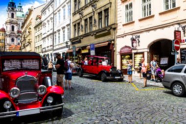 Mala strana, Prag Çek Cumhuriyeti gezi için vintage araba bulanık görünüm