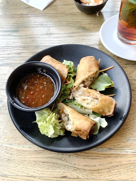 Egg roll. Patties rolls of dough stuffed with meat. Japanese or Chinese appetizer