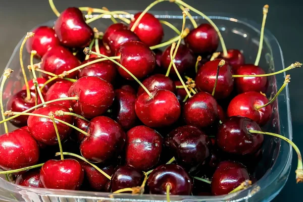 Cerises Rouges Fraîches Dans Une Boîte Plastique Isolées Sur Fond — Photo