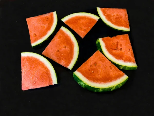 Slices Red Ripe Sweet Watermelon Black Background Closeup Selective Focus — Stock Photo, Image