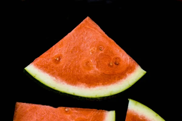 Slices Red Ripe Sweet Watermelon Black Background Closeup Selective Focus — Stock Photo, Image