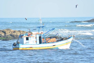 Martılar şirketi ile yüksek denizden dönen Brezilyalı balıkçı teknesi.