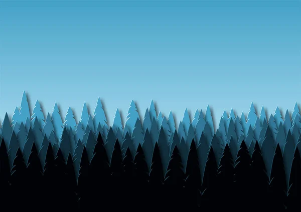 Landscape with spruce forest at dusk. Snowy trees in a park or forest. Design in the style of paper art. Vectorr illustration