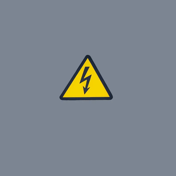 High voltage sign on a gray background electrical shield. Black lightning inside a yellow triangle as a symbol of warning of danger from electric shock