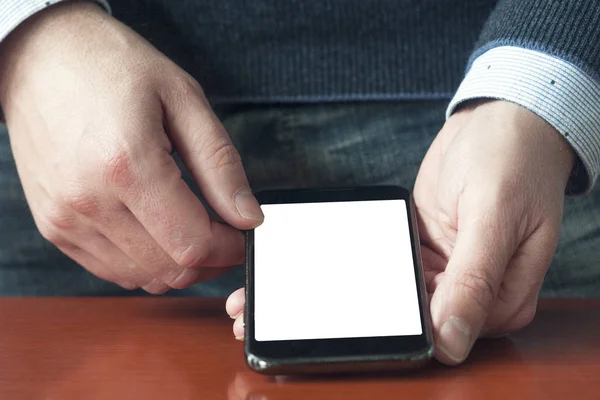 White Business Man Holding Blank Screen Smartphone Desk — Stock Photo, Image