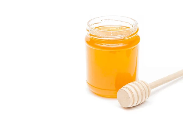 Jar Full Honey Honey Dipper White Background Stock Image