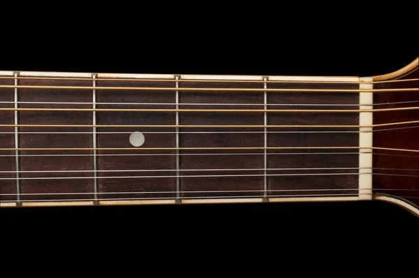 Detalhe Painel Cordas Guitarra Fundo Preto — Fotografia de Stock